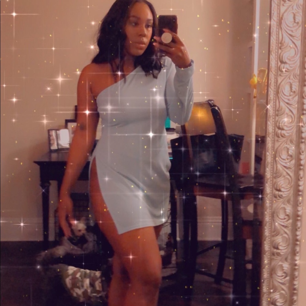 Dusty Blue One Shoulder Split Bodycon Dress